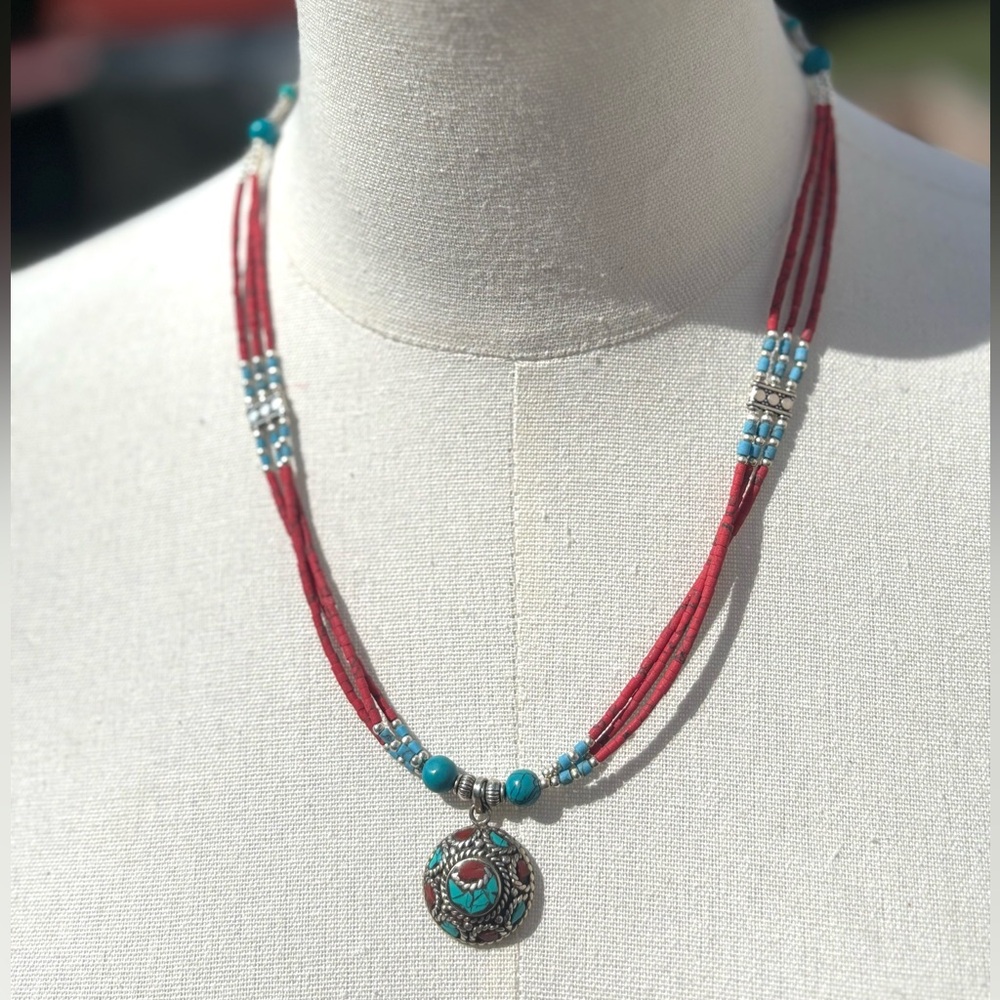 Bohemian Red and Turquoise Pendant Necklace